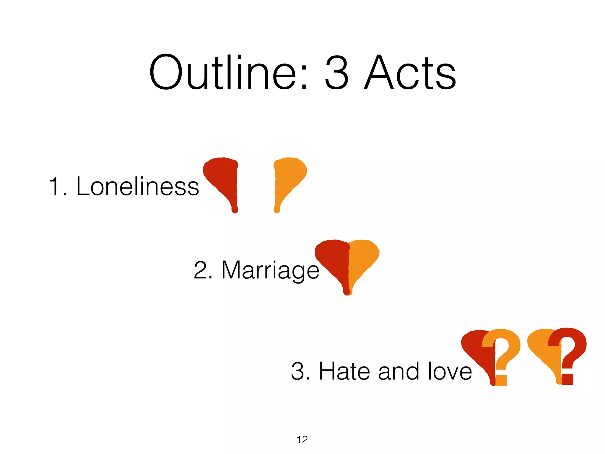 Outline: 3 Acts
1. Loneliness
2. Marriage
3. Hate and love
12
? ?
 