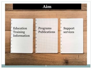 Education
Training
Information
Programs
Publications
Support
services
Aim
5
 