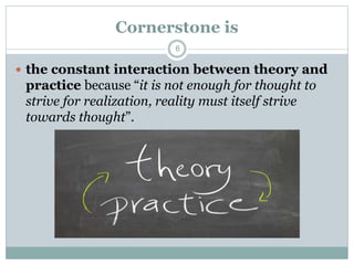 Cornerstone is
 the constant interaction between theory and
practice because “it is not enough for thought to
strive for ...