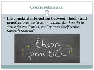 Cornerstone is
 the constant interaction between theory and
practice because “it is not enough for thought to
strive for realization, reality must itself strive
towards thought”.
6
 