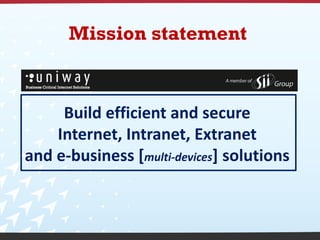 Mission statement



     Build efficient and secure
    Internet, Intranet, Extranet
and e-business [multi-devices] solutions
 