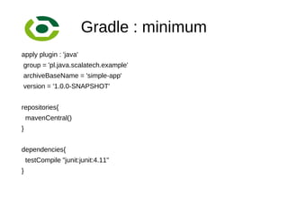 Gradle : minimum
apply plugin : 'java'
group = 'pl.java.scalatech.example'
archiveBaseName = 'simple-app'
version = '1.0.0...