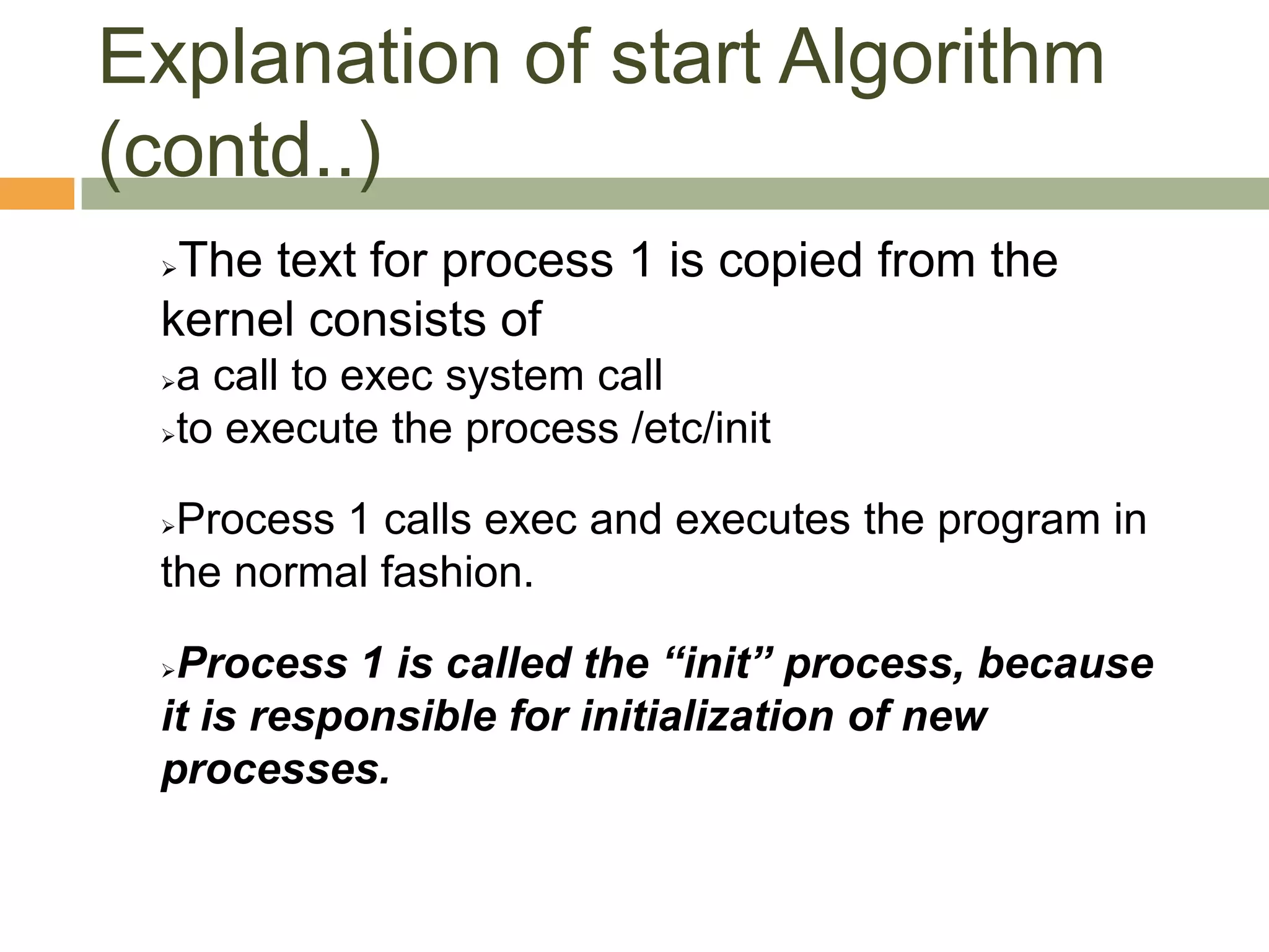 SHELL Algorithm/*read command line until “end of file” */while(read(stdin,buffer,numchars)){/*parse command line */if(/*command line contains & */)amper=1;elseamper=0;/*for commands not part of the shell command language */if(fork()==0){/*redirection of IO? */if( /*redirect output */ ){fd=creat(newfile,fmask);close(stdout);dup(fd);close(fd);/* stdout is now redirected */}