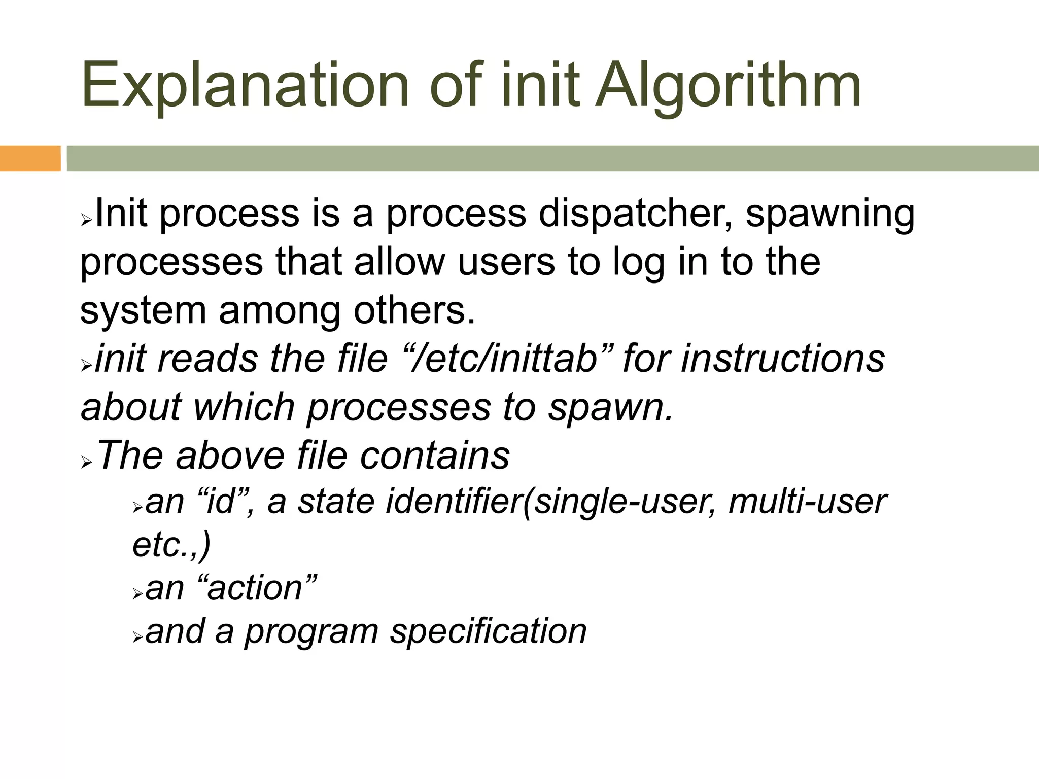 Redirection of IOChild process has access to a copy of the shell command line after the fork.To redirect standard output to a file,nroff –mm bigdocument > outputChild “creats” the output file specified on the command line if creat fails the child would exit immediatelyelse child closes its previous standard output file and dups the file descriptor of the new output file.Standard output file descriptor now refers to the redirected output file.Child process closes the file descriptor obtained from creat to conserve file descriptors for the execed program.“Similar redirection occurs for standard input and standard error files”