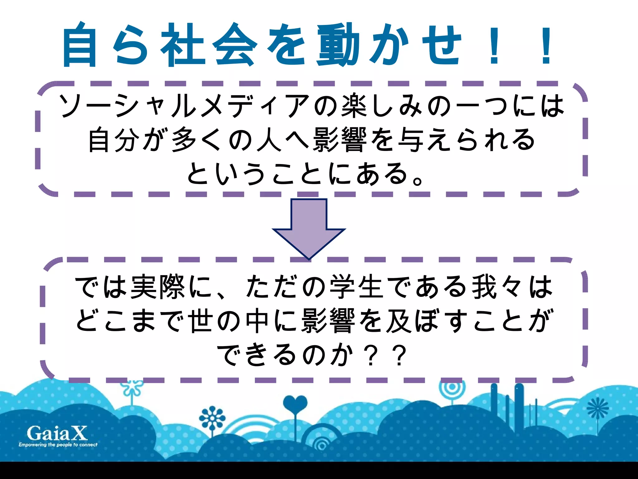 自ら社会を動かせ！！
ソーシャルメディアの楽しみの一つには
 自分が多くの人へ影響を与えられる
     ということにある。


では実際に、ただの学生である我々は
どこまで世の中に影響を及ぼすことが
     できるのか？？
 