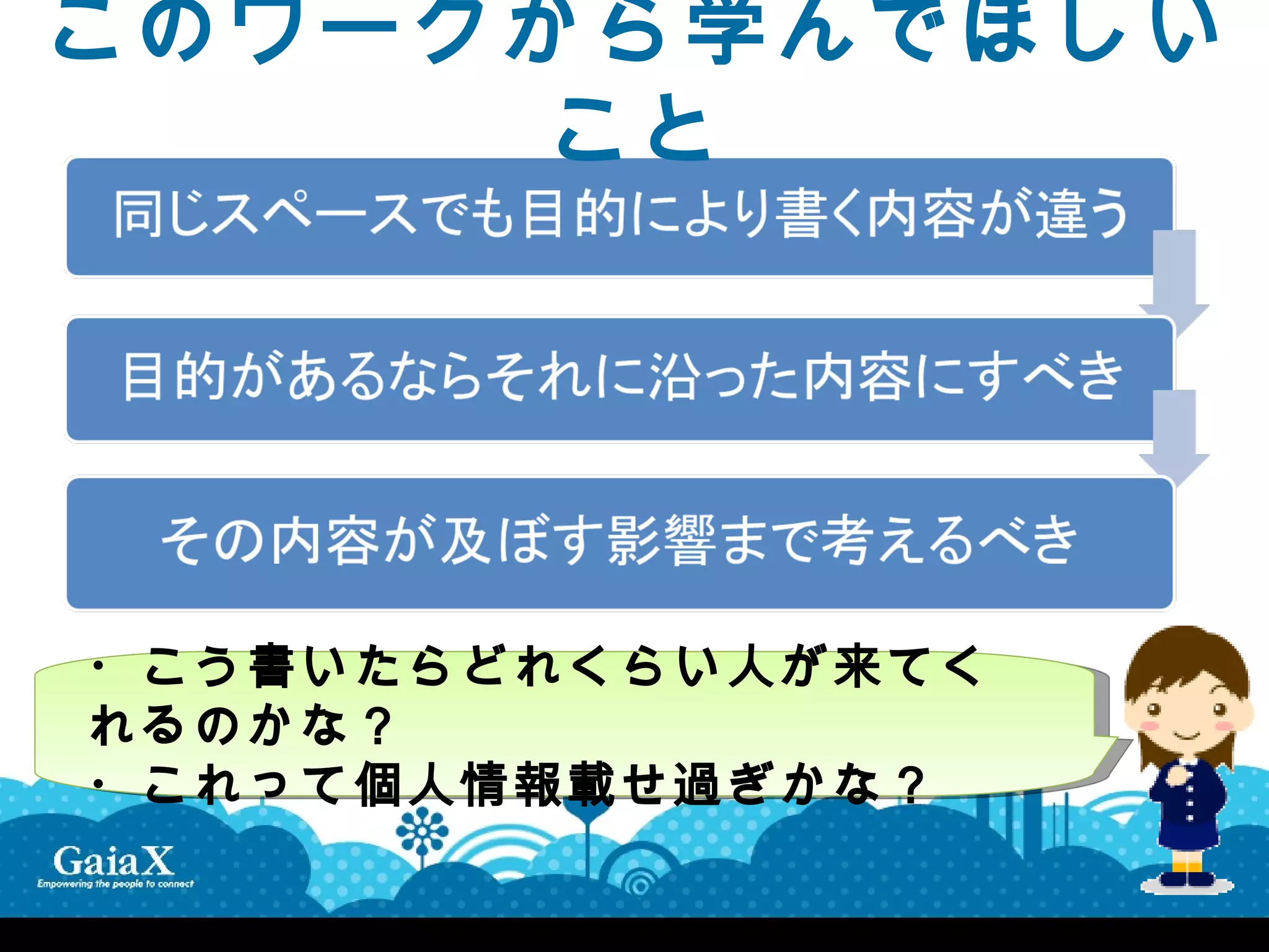 このワークから学んでほしい
      こと




・こう書いたらどれくらい人が来てく
れるのかな？
・これって個人情報載せ過ぎかな？
 