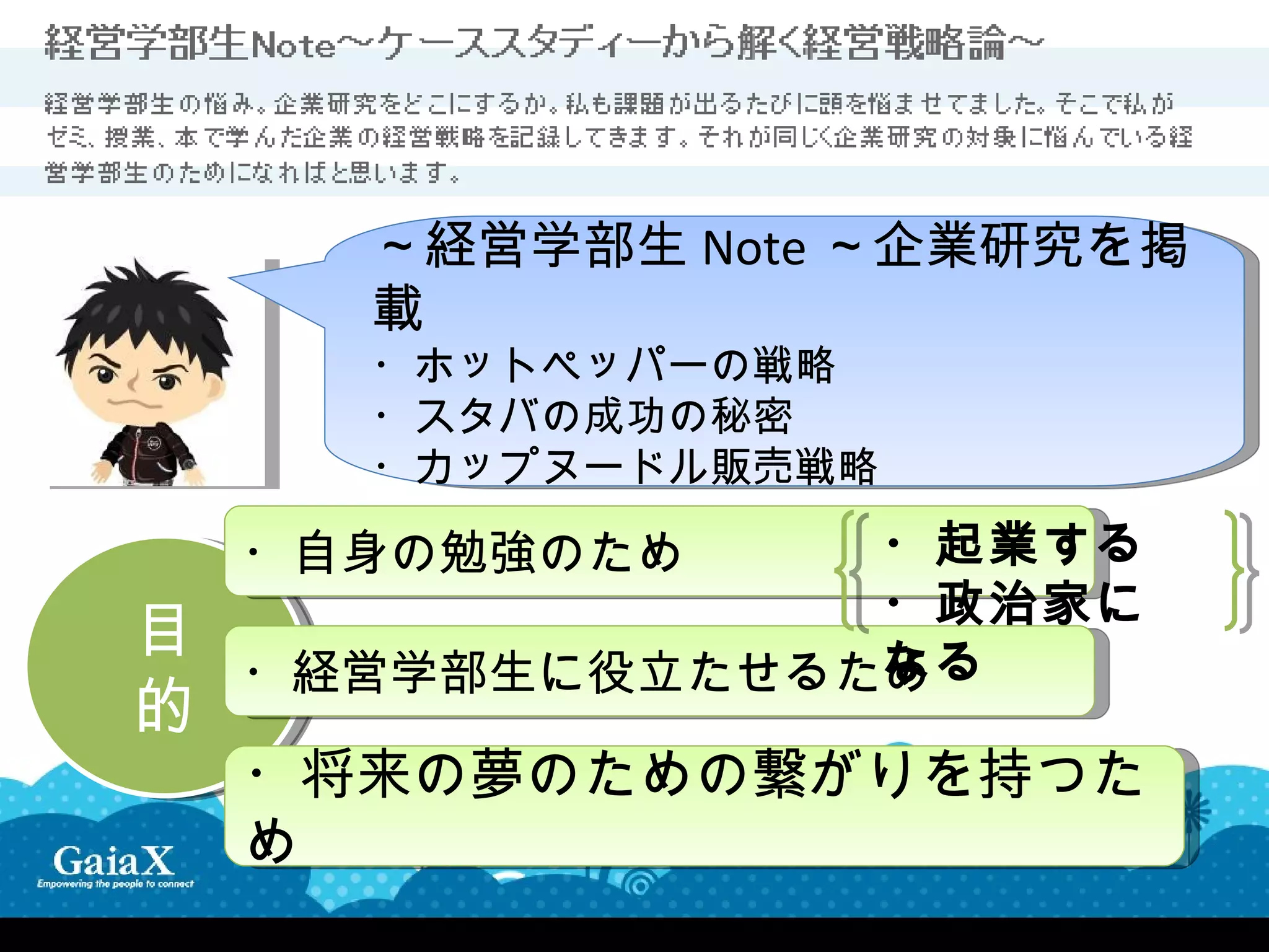 マイブログ（アメブロ）
      ～経営学部生 Note ～企業研究を掲
      載
      ・ホットペッパーの戦略
      ・スタバの成功の秘密
      ・カップヌードル販売戦略

    ・自身の勉強のため    ・起業する
                 ・政治家に
目                なる
    ・経営学部生に役立たせるため
的
    ・将来の夢のための繋がりを持つた
    め
 