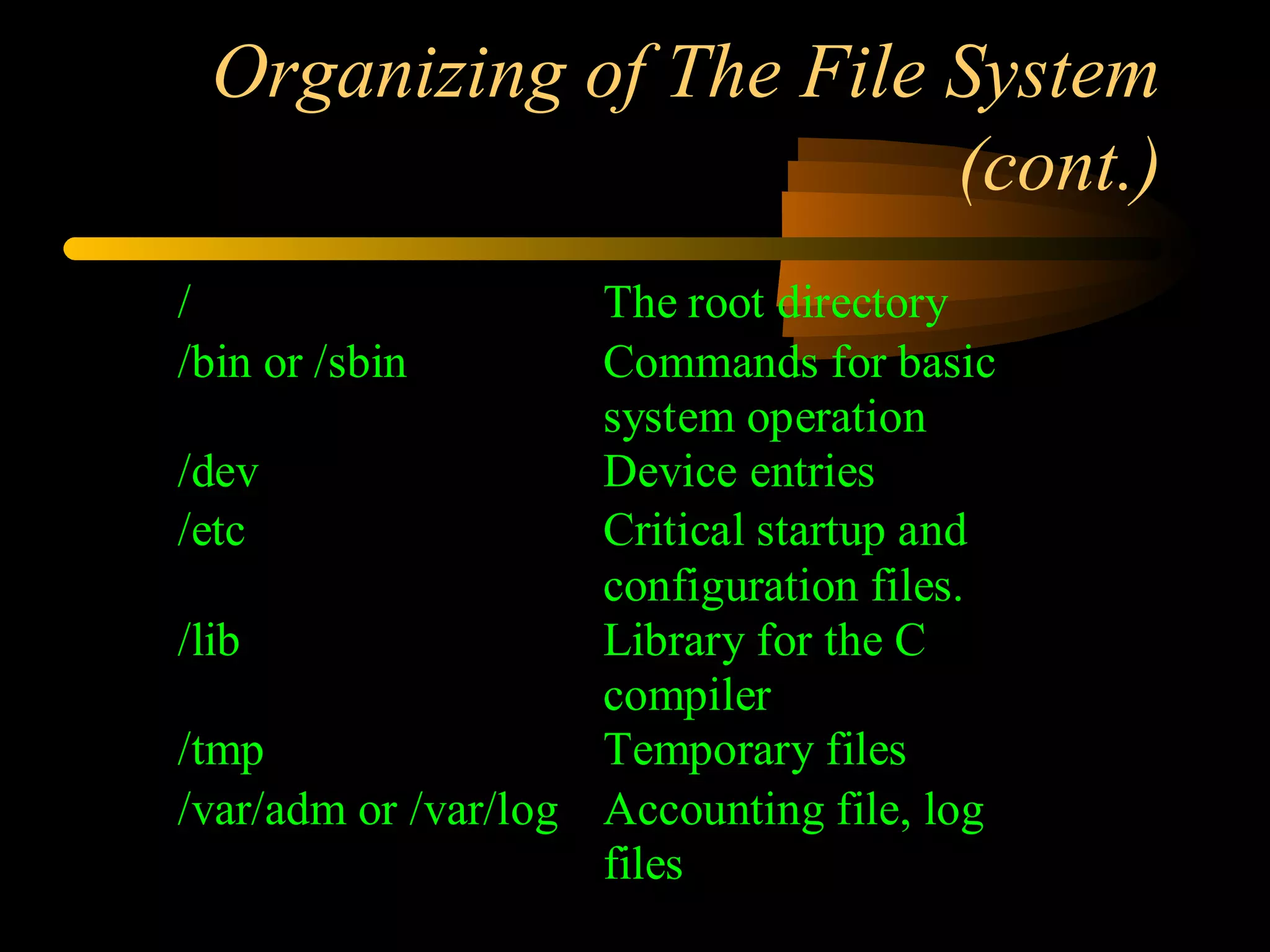 Organizing of The File System
                        (cont.)
/                    The root directory
/bin or /sbin        Commands for basic
                     system operation
/dev                 Device entries
/etc                 Critical startup and
                     configuration files.
/lib                 Library for the C
                     compiler
/tmp                 Temporary files
/var/adm or /var/log Accounting file, log
                     files
 