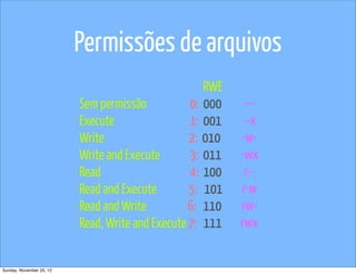 Permissões de arquivos
                                                     RWE
                          Sem permissão           0: 000    ---
                          Execute                 1: 001    --x
                          Write                   2: 010   -w-
                          Write and Execute       3: 011   -wx
                          Read                    4: 100    r--
                          Read and Execute        5: 101   r-w
                          Read and Write          6: 110   rw-
                          Read, Write and Execute 7: 111   rwx


Sunday, November 25, 12
 