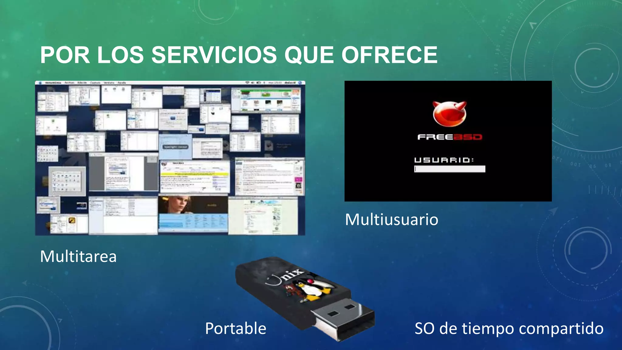 POR LOS SERVICIOS QUE OFRECE

Multiusuario
Multitarea

Portable

SO de tiempo compartido

 