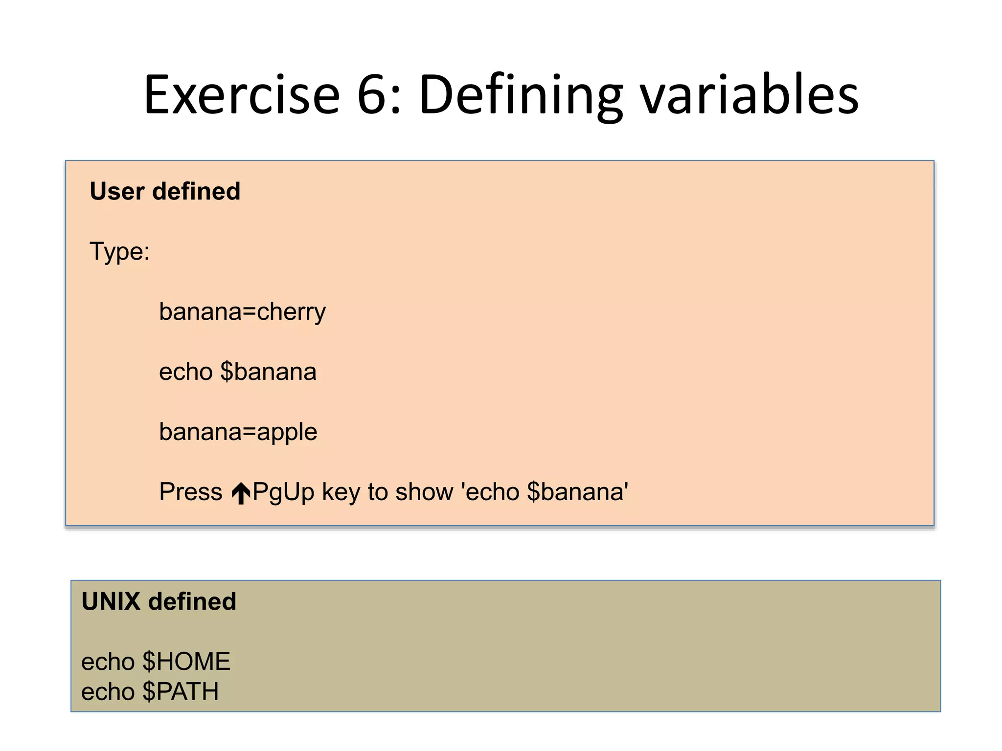 Exercise 6: Defining variables
User defined
Type:
banana=cherry
echo $banana
banana=apple
Press PgUp key to show 'echo $banana'
UNIX defined
echo $HOME
echo $PATH
 