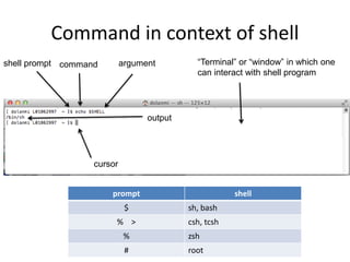 Command in context of shell
command argumentshell prompt
cursor
output
“Terminal” or “window” in which one
can interact with shell program
prompt shell
$ sh, bash
% > csh, tcsh
% zsh
# root
 