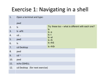 Exercise 1: Navigating in a shell
1. Open a terminal and type:
pwd
2. ls
3. ls -aFlt
4. cd ..
5. pwd
6. ls
7. cd Desktop
8. pwd
9. cd ~
10. pwd
11. echo $SHELL
12. cd Desktop (for next exercise)
Try these too – what is different with each one?
ls
ls -a
ls -l
ls -al
ls -lh
ls -lhS
ls -lhSr
 