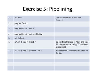 Exercise 5: Pipelining
1. ls | wc –l Count the number of files in a
directory
2. grep an file.txt
3. grep an file.txt | sort -r
4. grep an file.txt | sort -r > file3.txt
5. cat file3.txt
6. ls *.txt | grep fi | sort -r List the files that end in “.txt” and grep
this output for the string “fi” and then
reverse sort
7. ls *.txt | grep fi | sort –r | wc -l Do above and then count the items in
the list.
 