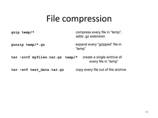 File compression
gzip temp/* compress every file in “temp”;
adds .gz extension
gunzip temp/*.gz expand every “gzipped” file in
“temp”
temp/* create a single archive of
every file in “temp”
tar -zcvf myfiles.tar.gz
tar –xvf test_data.tar.gz copy every file out of the archive
44
 