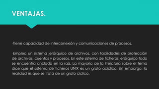 VENTAJAS.
·Tiene capacidad de interconexión y comunicaciones de procesos.
·Emplea un sistema jerárquico de archivos, con facilidades de protección
de archivos, cuentas y procesos. En este sistema de ficheros jerárquico todo
se encuentra anclado en la raíz. La mayoría de la literatura sobre el tema
dice que el sistema de ficheros UNIX es un grafo acíclico, sin embargo, la
realidad es que se trata de un grafo cíclico.
 