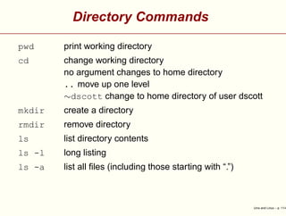 Directory Commands
pwd print working directory
cd change working directory
no argument changes to home directory
.. move up one level
∼dscott change to home directory of user dscott
mkdir create a directory
rmdir remove directory
ls list directory contents
ls -l long listing
ls -a list all ﬁles (including those starting with “.”)
Unix and Linux – p. 11/4
 