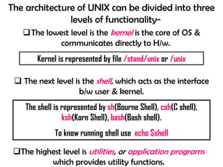 The architecture of UNIX can be divided into three
levels of functionality-
The lowest level is the kernel is the core of OS &
communicates directly to H/w.
 The next level is the shell, which acts as the interface
b/w user & kernel.
Kernel is represented by file /stand/unix or /unix
The highest level is utilities, or application programs
which provides utility functions.
The shell is represented by sh(Bourne Shell), csh(C shell),
ksh(Korn Shell), bash(Bash shell).
To know running shell use echo $shell
 
