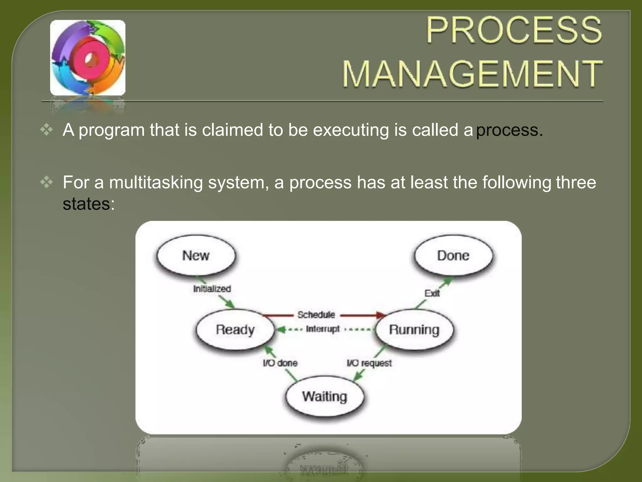  A program that is claimed to be executing is called aprocess.
 For a multitasking system, a process has at least the following three
states:
 