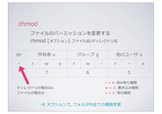 chmod
       ファイルのパーミッションを変更更する
       chmod	
  [オプション]	
  ファイル名/ディレクトリ名

dir        所有者	
  u	
             グループ	
  g                 他のユーザ	
  o

-‐‑‒   r       w          x   r      w        -‐‑‒         r        -‐‑‒      x

               7                     6                             5

                                                     r	
  =	
  4:	
  読み取り権限
ディレクトリの場合はd,                                         w	
  =	
  2:	
  書き込み権限
ファイルの場合は	
  -‐‑‒                                     x	
  =	
  1:	
  実⾏行行権限


            -‐‑‒R	
  オプションで,	
  フォルダ内全ての権限変更更
 