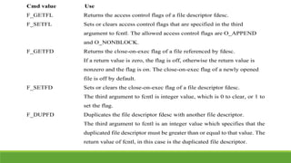 Cmd value Use
F_GETFL Returns the access control flags of a file descriptor fdesc.
F_SETFL Sets or clears access control flags that are specified in the third
argument to fcntl. The allowed access control flags are O_APPEND
and O_NONBLOCK.
F_GETFD Returns the close-on-exec flag of a file referenced by fdesc.
If a return value is zero, the flag is off, otherwise the return value is
nonzero and the flag is on. The close-on-exec flag of a newly opened
file is off by default.
F_SETFD Sets or clears the close-on-exec flag of a file descriptor fdesc.
The third argument to fcntl is integer value, which is 0 to clear, or 1 to
set the flag.
F_DUPFD Duplicates the file descriptor fdesc with another file descriptor.
The third argument to fcntl is an integer value which specifies that the
duplicated file descriptor must be greater than or equal to that value. The
return value of fcntl, in this case is the duplicated file descriptor.
 