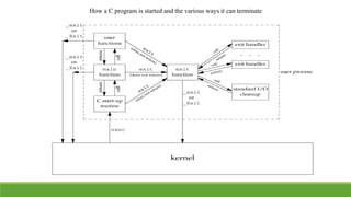 How a C program is started and the various ways it can terminate
 