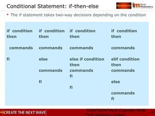 CONFIDENTIAL© Copyright 2008
43
Conditional Statement: if-then-else
 The if statement takes two-way decisions depending on the condition
if condition
then
commands
fi
if condition
then
commands
else
commands
fi
if condition
then
commands
else if condition
then
commands
fi
fi
if condition
then
commands
elif condition
then
commands
else
commands
fi
 