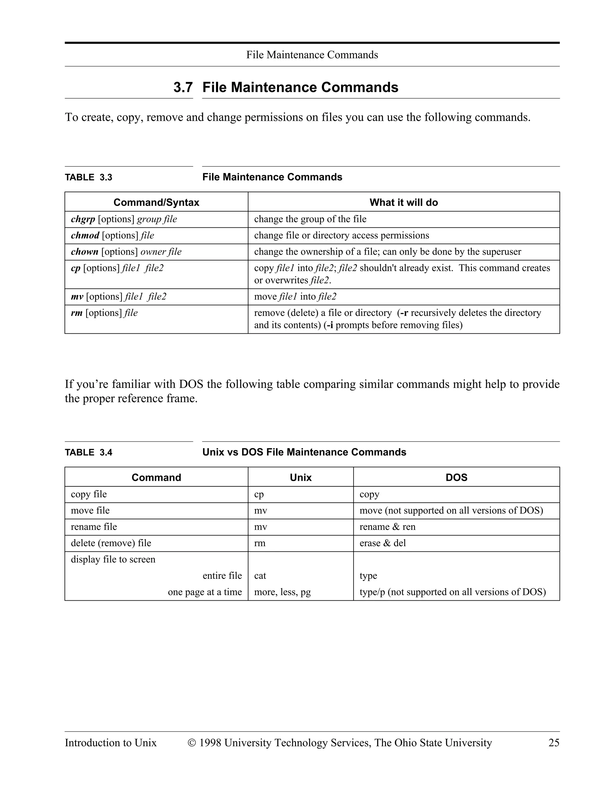 File Maintenance Commands Introduction to Unix © 1998 University Technology Services, The Ohio State University 25 3.7 File Maintenance Commands To create, copy, remove and change permissions on files you can use the following commands. If you’re familiar with DOS the following table comparing similar commands might help to provide the proper reference frame. TABLE 3.3 File Maintenance Commands Command/Syntax What it will do chgrp [options] group file change the group of the file chmod [options] file change file or directory access permissions chown [options] owner file change the ownership of a file; can only be done by the superuser cp [options] file1 file2 copy file1 into file2; file2 shouldn't already exist. This command creates or overwrites file2. mv [options] file1 file2 move file1 into file2 rm [options] file remove (delete) a file or directory (-r recursively deletes the directory and its contents) (-i prompts before removing files) TABLE 3.4 Unix vs DOS File Maintenance Commands Command Unix DOS copy file cp copy move file mv move (not supported on all versions of DOS) rename file mv rename & ren delete (remove) file rm erase & del display file to screen entire file one page at a time cat more, less, pg type type/p (not supported on all versions of DOS) 