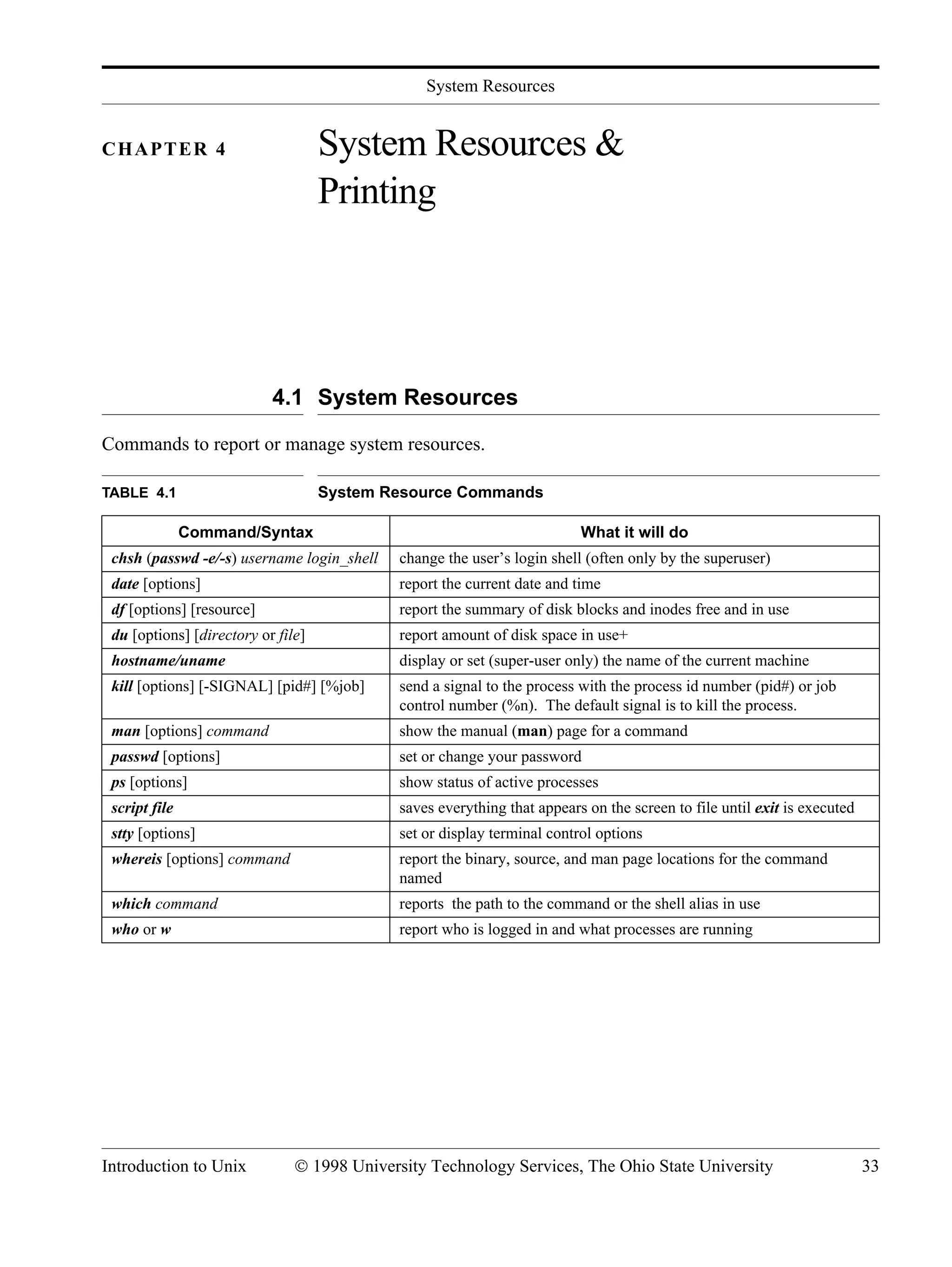 System Resources Introduction to Unix © 1998 University Technology Services, The Ohio State University 33 CHAPTER 4 System Resources & Printing 4.1 System Resources Commands to report or manage system resources. TABLE 4.1 System Resource Commands Command/Syntax What it will do chsh (passwd -e/-s) username login_shell change the user’s login shell (often only by the superuser) date [options] report the current date and time df [options] [resource] report the summary of disk blocks and inodes free and in use du [options] [directory or file] report amount of disk space in use+ hostname/uname display or set (super-user only) the name of the current machine kill [options] [-SIGNAL] [pid#] [%job] send a signal to the process with the process id number (pid#) or job control number (%n). The default signal is to kill the process. man [options] command show the manual (man) page for a command passwd [options] set or change your password ps [options] show status of active processes script file saves everything that appears on the screen to file until exit is executed stty [options] set or display terminal control options whereis [options] command report the binary, source, and man page locations for the command named which command reports the path to the command or the shell alias in use who or w report who is logged in and what processes are running 
