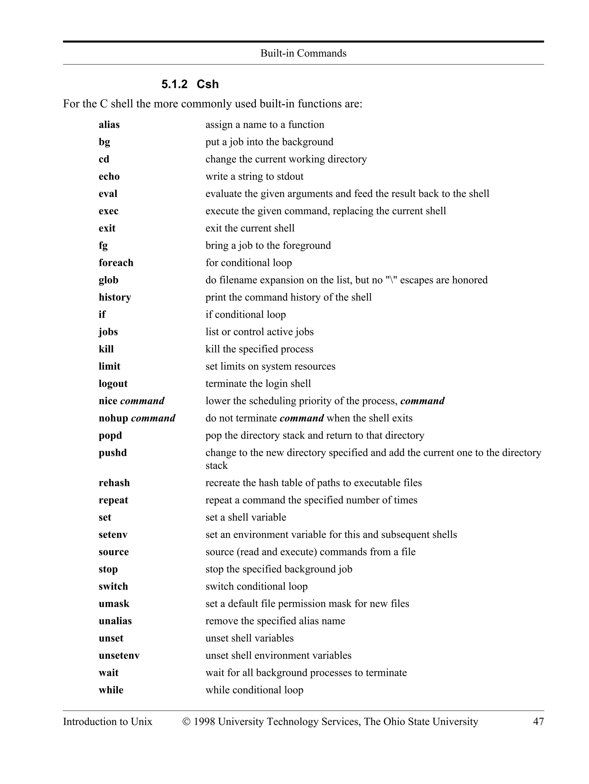 Built-in Commands Introduction to Unix © 1998 University Technology Services, The Ohio State University 47 5.1.2 Csh For the C shell the more commonly used built-in functions are: alias assign a name to a function bg put a job into the background cd change the current working directory echo write a string to stdout eval evaluate the given arguments and feed the result back to the shell exec execute the given command, replacing the current shell exit exit the current shell fg bring a job to the foreground foreach for conditional loop glob do filename expansion on the list, but no "" escapes are honored history print the command history of the shell if if conditional loop jobs list or control active jobs kill kill the specified process limit set limits on system resources logout terminate the login shell nice command lower the scheduling priority of the process, command nohup command do not terminate command when the shell exits popd pop the directory stack and return to that directory pushd change to the new directory specified and add the current one to the directory stack rehash recreate the hash table of paths to executable files repeat repeat a command the specified number of times set set a shell variable setenv set an environment variable for this and subsequent shells source source (read and execute) commands from a file stop stop the specified background job switch switch conditional loop umask set a default file permission mask for new files unalias remove the specified alias name unset unset shell variables unsetenv unset shell environment variables wait wait for all background processes to terminate while while conditional loop 