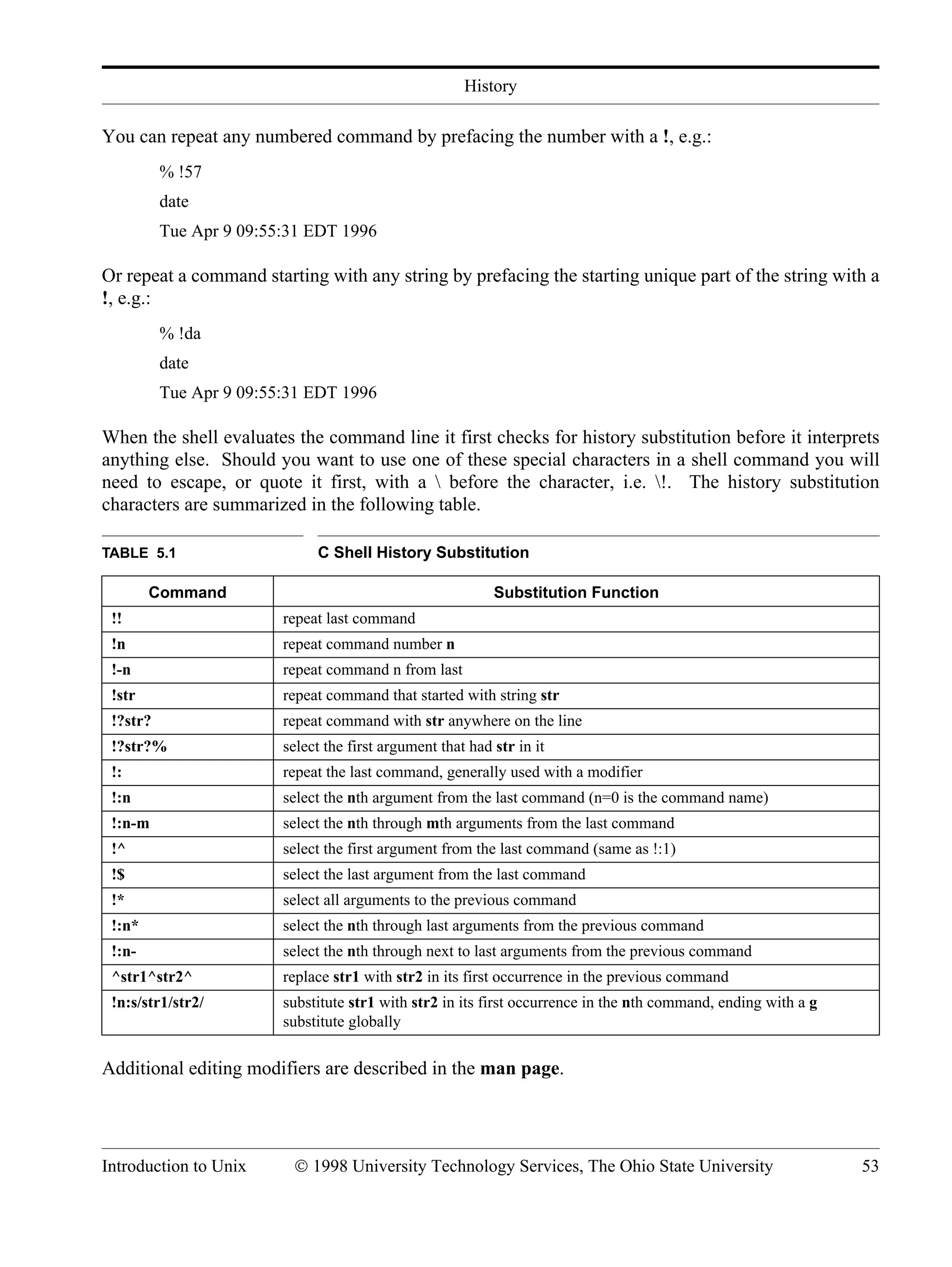 History Introduction to Unix © 1998 University Technology Services, The Ohio State University 53 You can repeat any numbered command by prefacing the number with a !, e.g.: % !57 date Tue Apr 9 09:55:31 EDT 1996 Or repeat a command starting with any string by prefacing the starting unique part of the string with a !, e.g.: % !da date Tue Apr 9 09:55:31 EDT 1996 When the shell evaluates the command line it first checks for history substitution before it interprets anything else. Should you want to use one of these special characters in a shell command you will need to escape, or quote it first, with a before the character, i.e. !. The history substitution characters are summarized in the following table. Additional editing modifiers are described in the man page. TABLE 5.1 C Shell History Substitution Command Substitution Function !! repeat last command !n repeat command number n !-n repeat command n from last !str repeat command that started with string str !?str? repeat command with str anywhere on the line !?str?% select the first argument that had str in it !: repeat the last command, generally used with a modifier !:n select the nth argument from the last command (n=0 is the command name) !:n-m select the nth through mth arguments from the last command !^ select the first argument from the last command (same as !:1) !$ select the last argument from the last command !* select all arguments to the previous command !:n* select the nth through last arguments from the previous command !:n- select the nth through next to last arguments from the previous command ^str1^str2^ replace str1 with str2 in its first occurrence in the previous command !n:s/str1/str2/ substitute str1 with str2 in its first occurrence in the nth command, ending with a g substitute globally 