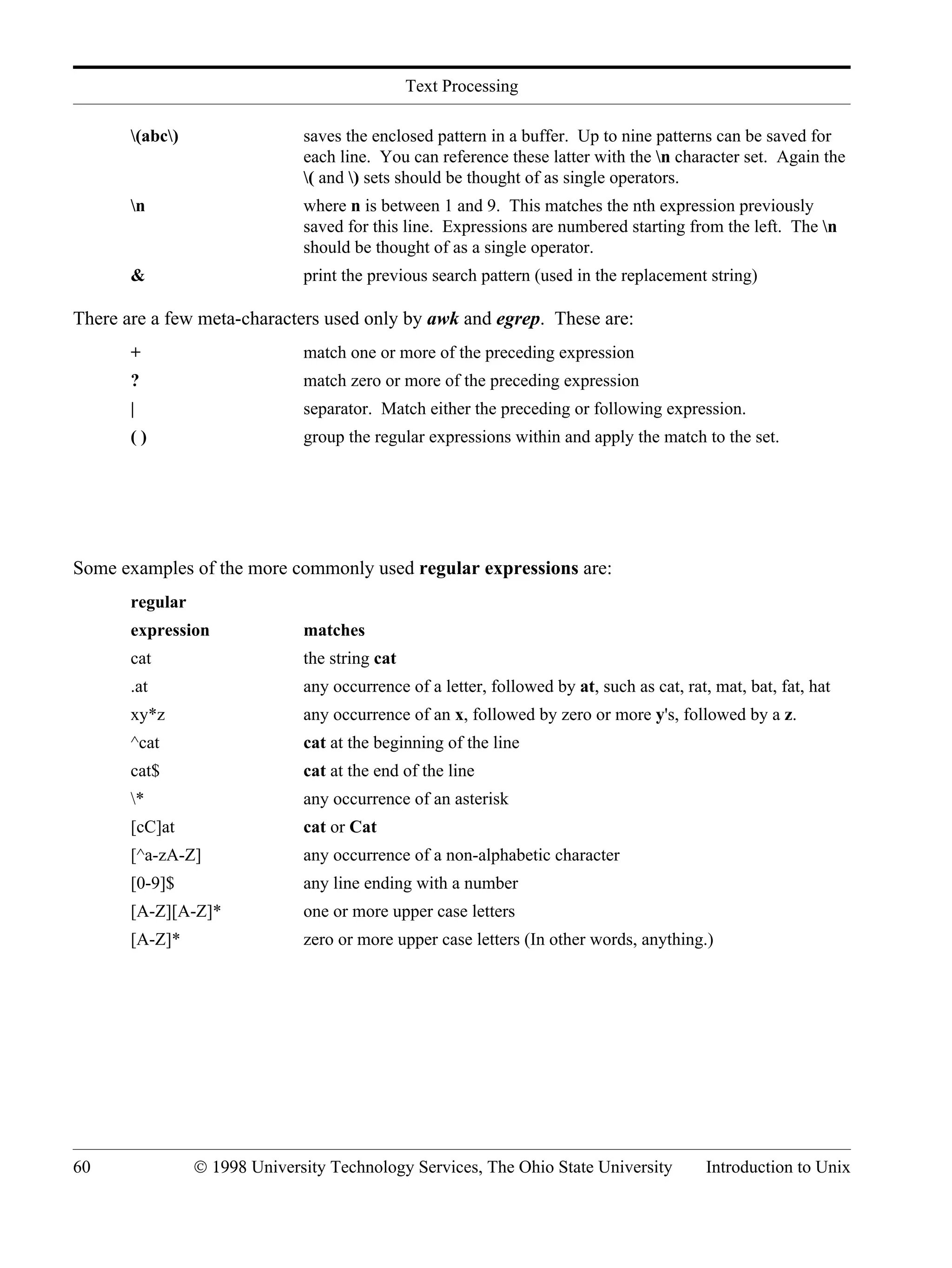 Text Processing 60 © 1998 University Technology Services, The Ohio State University Introduction to Unix (abc) saves the enclosed pattern in a buffer. Up to nine patterns can be saved for each line. You can reference these latter with the n character set. Again the ( and ) sets should be thought of as single operators. n where n is between 1 and 9. This matches the nth expression previously saved for this line. Expressions are numbered starting from the left. The n should be thought of as a single operator. & print the previous search pattern (used in the replacement string) There are a few meta-characters used only by awk and egrep. These are: + match one or more of the preceding expression ? match zero or more of the preceding expression | separator. Match either the preceding or following expression. ( ) group the regular expressions within and apply the match to the set. Some examples of the more commonly used regular expressions are: regular expression matches cat the string cat .at any occurrence of a letter, followed by at, such as cat, rat, mat, bat, fat, hat xy*z any occurrence of an x, followed by zero or more y's, followed by a z. ^cat cat at the beginning of the line cat$ cat at the end of the line * any occurrence of an asterisk [cC]at cat or Cat [^a-zA-Z] any occurrence of a non-alphabetic character [0-9]$ any line ending with a number [A-Z][A-Z]* one or more upper case letters [A-Z]* zero or more upper case letters (In other words, anything.) 