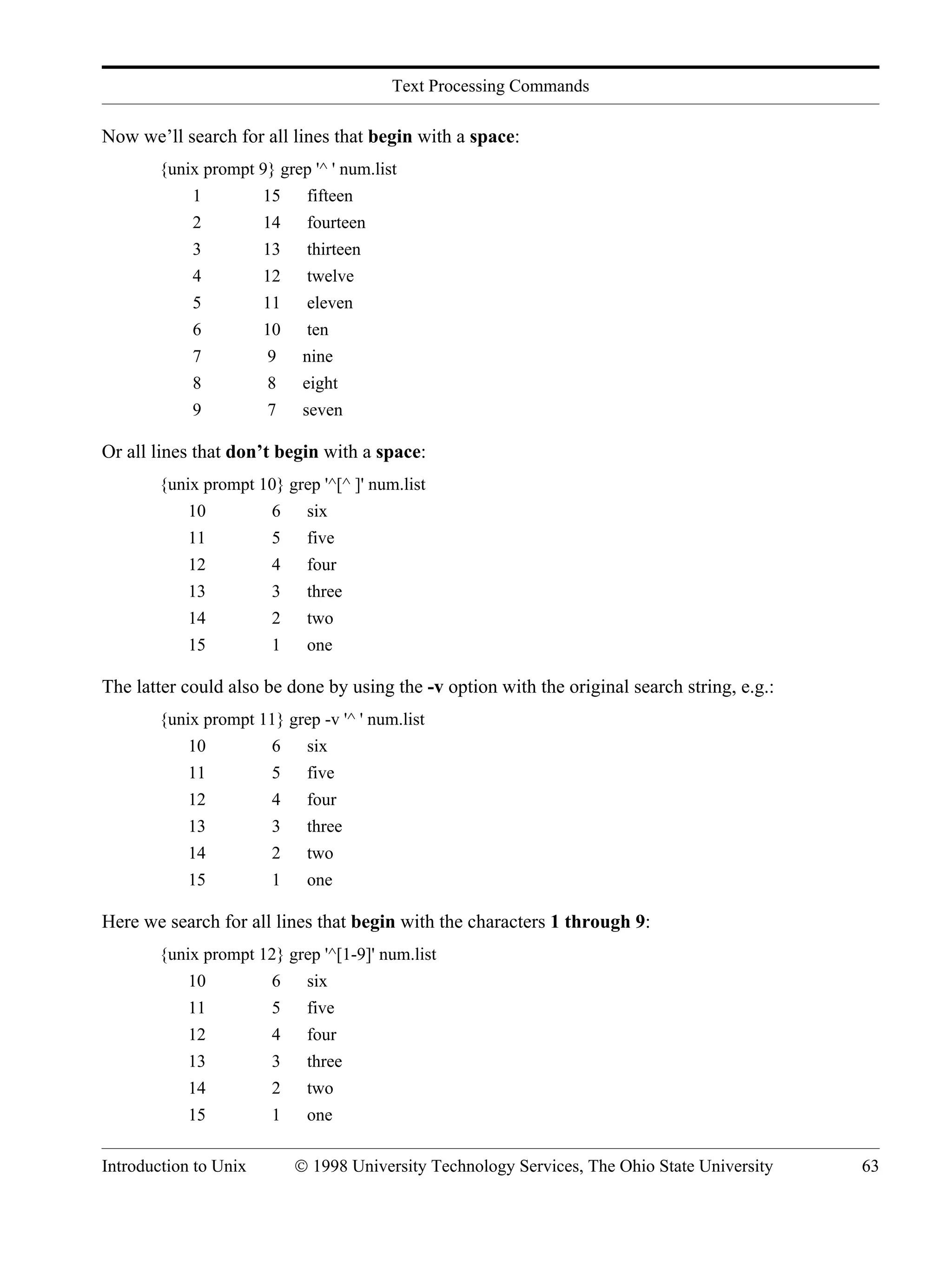 Text Processing Commands Introduction to Unix © 1998 University Technology Services, The Ohio State University 63 Now we’ll search for all lines that begin with a space: {unix prompt 9} grep '^ ' num.list 1 15 fifteen 2 14 fourteen 3 13 thirteen 4 12 twelve 5 11 eleven 6 10 ten 7 9 nine 8 8 eight 9 7 seven Or all lines that don’t begin with a space: {unix prompt 10} grep '^[^ ]' num.list 10 6 six 11 5 five 12 4 four 13 3 three 14 2 two 15 1 one The latter could also be done by using the -v option with the original search string, e.g.: {unix prompt 11} grep -v '^ ' num.list 10 6 six 11 5 five 12 4 four 13 3 three 14 2 two 15 1 one Here we search for all lines that begin with the characters 1 through 9: {unix prompt 12} grep '^[1-9]' num.list 10 6 six 11 5 five 12 4 four 13 3 three 14 2 two 15 1 one 
