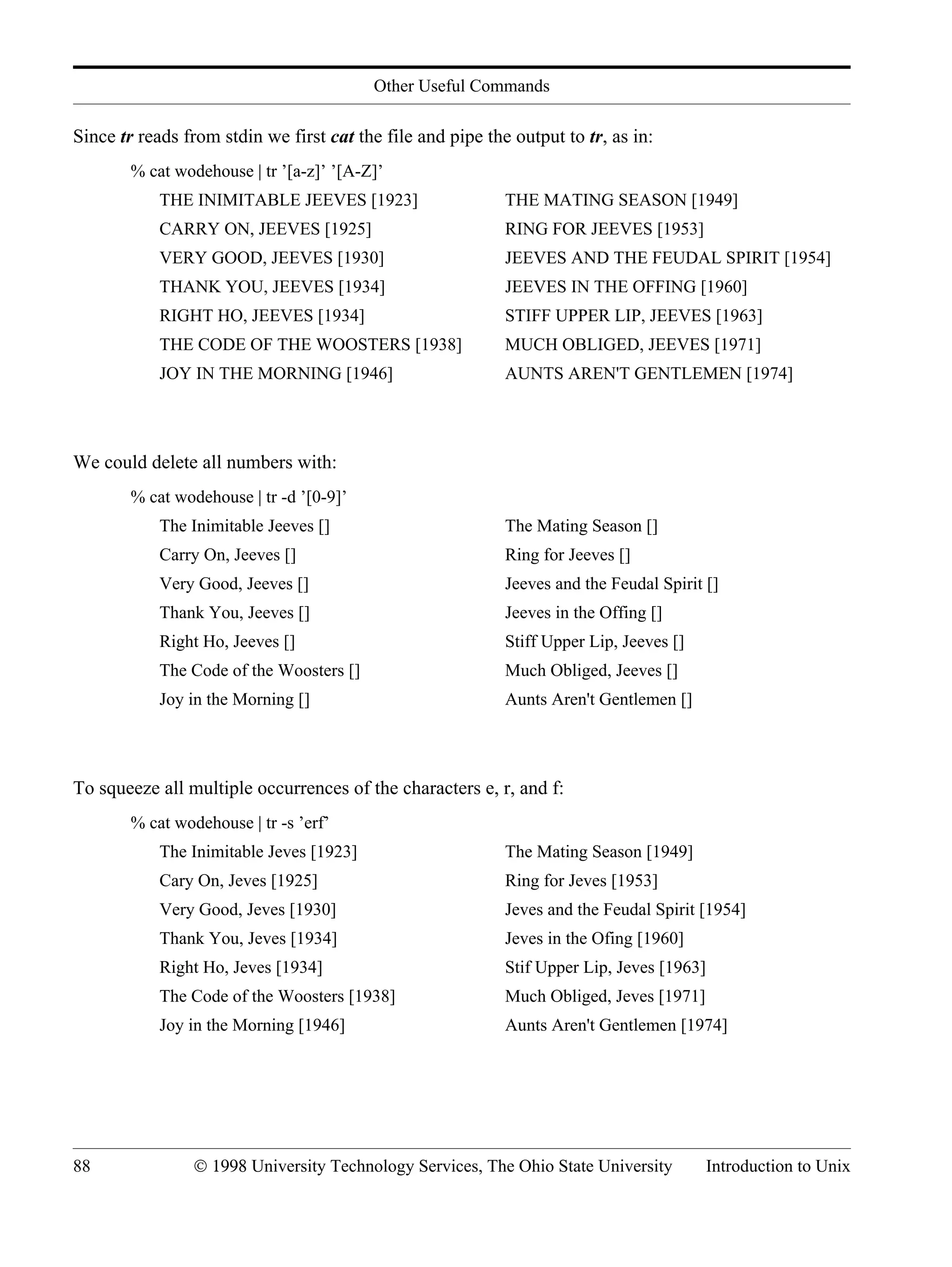 Other Useful Commands 88 © 1998 University Technology Services, The Ohio State University Introduction to Unix Since tr reads from stdin we first cat the file and pipe the output to tr, as in: % cat wodehouse | tr ’[a-z]’ ’[A-Z]’ THE INIMITABLE JEEVES [1923] THE MATING SEASON [1949] CARRY ON, JEEVES [1925] RING FOR JEEVES [1953] VERY GOOD, JEEVES [1930] JEEVES AND THE FEUDAL SPIRIT [1954] THANK YOU, JEEVES [1934] JEEVES IN THE OFFING [1960] RIGHT HO, JEEVES [1934] STIFF UPPER LIP, JEEVES [1963] THE CODE OF THE WOOSTERS [1938] MUCH OBLIGED, JEEVES [1971] JOY IN THE MORNING [1946] AUNTS AREN'T GENTLEMEN [1974] We could delete all numbers with: % cat wodehouse | tr -d ’[0-9]’ The Inimitable Jeeves [] The Mating Season [] Carry On, Jeeves [] Ring for Jeeves [] Very Good, Jeeves [] Jeeves and the Feudal Spirit [] Thank You, Jeeves [] Jeeves in the Offing [] Right Ho, Jeeves [] Stiff Upper Lip, Jeeves [] The Code of the Woosters [] Much Obliged, Jeeves [] Joy in the Morning [] Aunts Aren't Gentlemen [] To squeeze all multiple occurrences of the characters e, r, and f: % cat wodehouse | tr -s ’erf’ The Inimitable Jeves [1923] The Mating Season [1949] Cary On, Jeves [1925] Ring for Jeves [1953] Very Good, Jeves [1930] Jeves and the Feudal Spirit [1954] Thank You, Jeves [1934] Jeves in the Ofing [1960] Right Ho, Jeves [1934] Stif Upper Lip, Jeves [1963] The Code of the Woosters [1938] Much Obliged, Jeves [1971] Joy in the Morning [1946] Aunts Aren't Gentlemen [1974] 