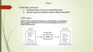 Filters
SORT filter command:
 Arranges lines of input in ascending order
 Sends output to standard output unless redirected
SORT syntax:
SORT [/R] [/+N] [/M kilobytes] [/L locale] [/REC recordbytes]
[[drive:] [path1] filename1] [/T [drive2:] [path2]] [O [drive3:]
[path3] filename3]
 