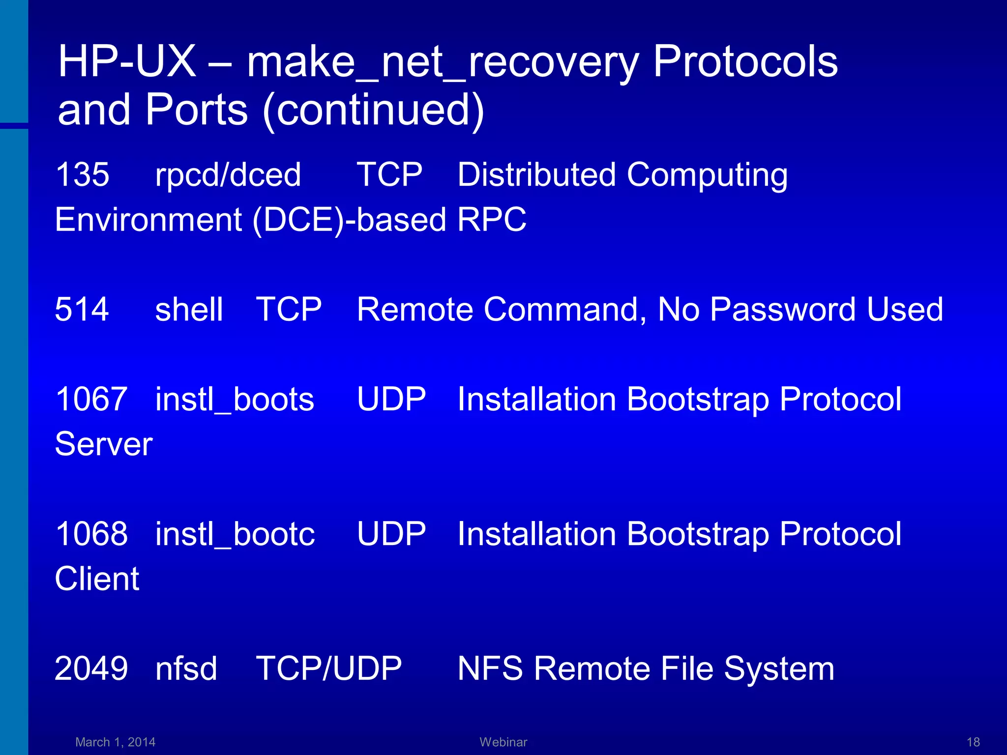 HP-UX – make_net_recovery Protocols
and Ports (continued)
135 rpcd/dced
TCP Distributed Computing
Environment (DCE)-based RPC
514

shell TCP

Remote Command, No Password Used

1067 instl_boots
Server

UDP Installation Bootstrap Protocol

1068 instl_bootc
Client

UDP Installation Bootstrap Protocol

2049 nfsd
March 1, 2014

TCP/UDP

NFS Remote File System
Webinar

18

 