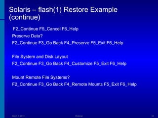 Solaris – flash(1) Restore Example
(continue)
F2_Continue F5_Cancel F6_Help
Preserve Data?
F2_Continue F3_Go Back F4_Preserve F5_Exit F6_Help
File System and Disk Layout
F2_Continue F3_Go Back F4_Customize F5_Exit F6_Help
Mount Remote File Systems?
F2_Continue F3_Go Back F4_Remote Mounts F5_Exit F6_Help

March 1, 2014

Webinar

52

 