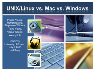 UNIX/Linux vs. Mac vs. Windows
Prince Young,
Robert Evans,
Stephanie Wilburn,
Tiana Veale,
Verne Weikle,
Wendy Lile
POS/355
University of Phoenix
July 8, 2013
Jeff Rugg
 