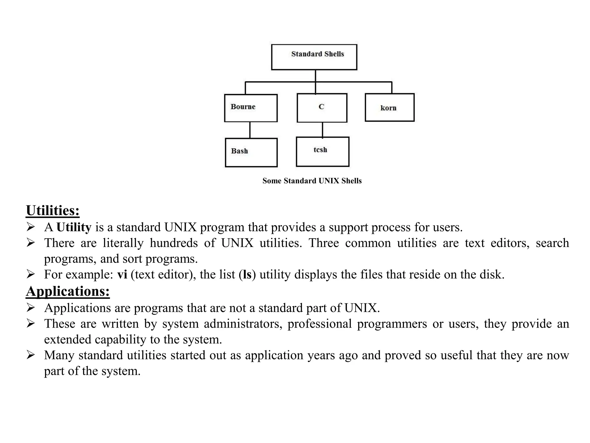 Some Standard UNIX Shells
Utilities:
 A Utility is a standard UNIX program that provides a support process for users.
 There are literally hundreds of UNIX utilities. Three common utilities are text editors, search
programs, and sort programs.
 For example: vi (text editor), the list (ls) utility displays the files that reside on the disk.
Applications:
 Applications are programs that are not a standard part of UNIX.
 These are written by system administrators, professional programmers or users, they provide an
extended capability to the system.
 Many standard utilities started out as application years ago and proved so useful that they are now
part of the system.
 