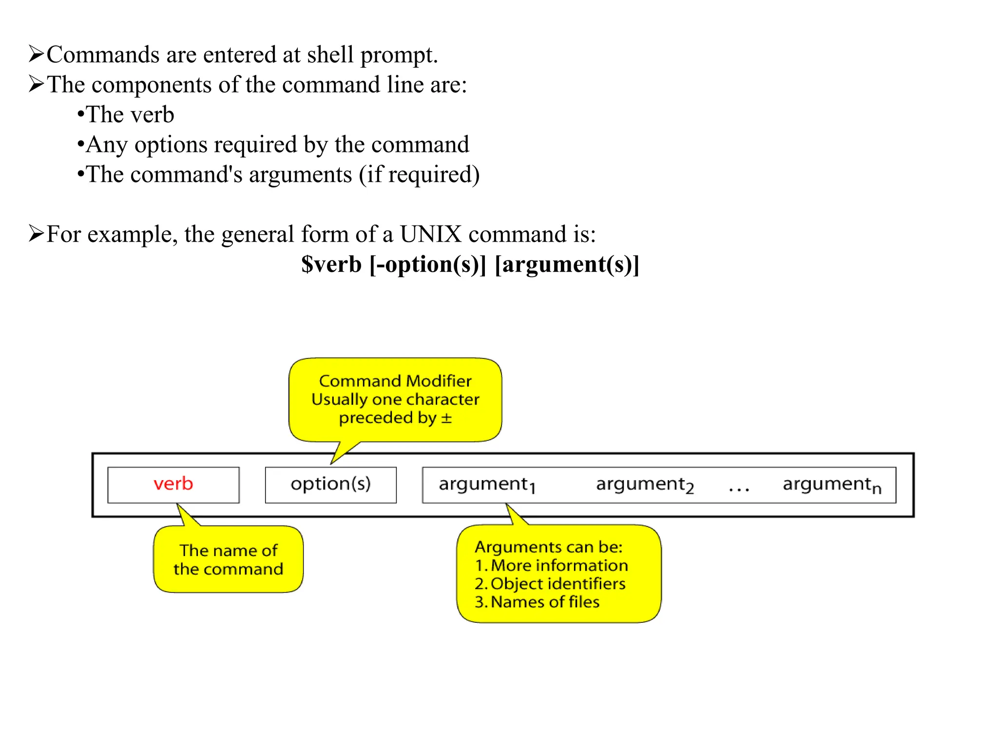 Commands are entered at shell prompt.
The components of the command line are:
•The verb
•Any options required by the command
•The command's arguments (if required)
For example, the general form of a UNIX command is:
$verb [-option(s)] [argument(s)]
 