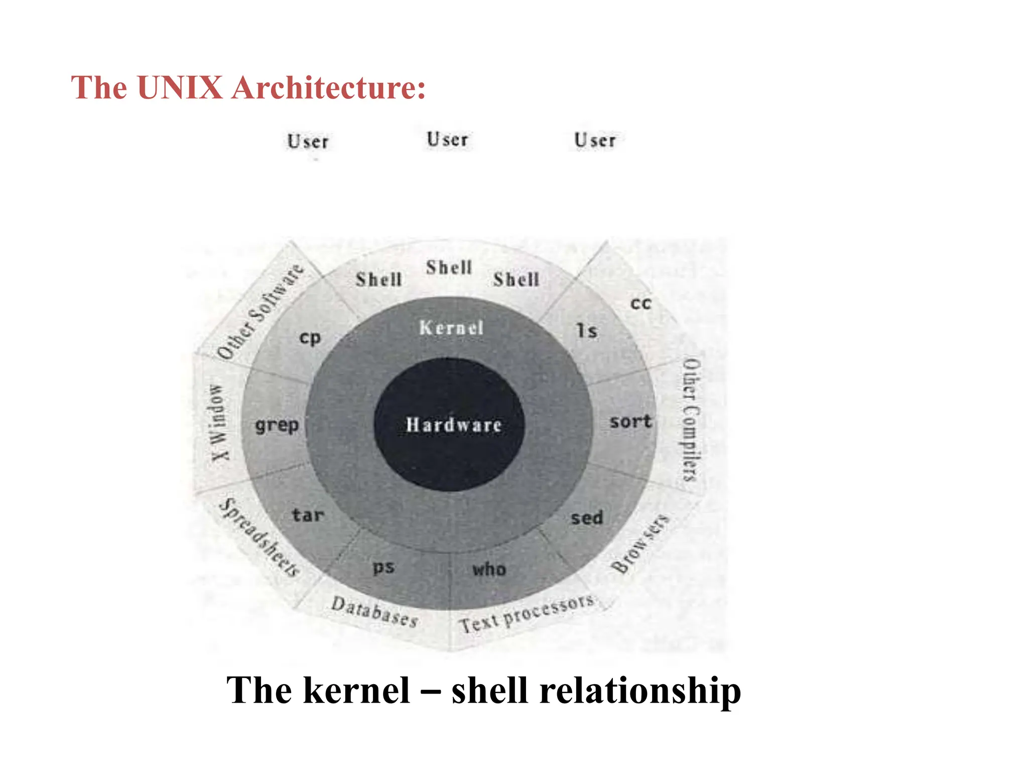 The UNIX Architecture:
The kernel – shell relationship
 