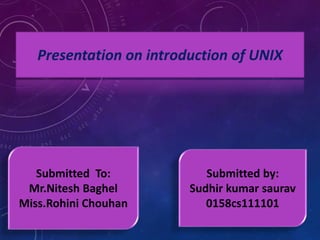 Presentation on introduction of UNIX 
Submitted To: 
Mr.Nitesh Baghel 
Miss.Rohini Chouhan 
Submitted by: 
Sudhir kumar saurav 
0158cs111101 
 