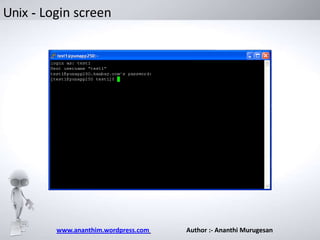 Unix - Login screen

www.ananthim.wordpress.com

Author :- Ananthi Murugesan

 