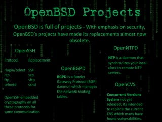 OpenBSD is full of projects  - With emphasis on security, OpenBSD’s projects have made its replacements almost now obsolete. OpenSSH OpenSSH embedded cryptography on all these protocols for same communication. OpenBGPD BGPD  is a Border Gateway Protocol (BGP) daemon which manages the network routing tables. OpenNTPD NTP  is a daemon that synchronizes your local clock to remote NTP servers. OpenCVS Concurrent Versions System  not yet released, its intended to replace the current CVS which many have found vulnerabilities. 