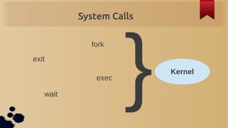 System Calls




                    }
            fork
exit
                         Kernel
             exec

   wait
 