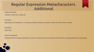 Regular Expression Metacharacters
                     Additional
Meta Character
x{m} or x{m,} or x{m,n}


Function
Repeti...