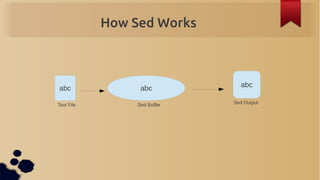 How Sed Works



abc               abc           abc

Text File        Sed Buffer   Sed Output
 