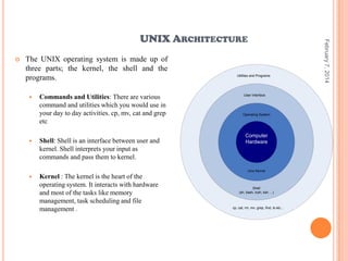 

The UNIX operating system is made up of
three parts; the kernel, the shell and the
programs.




Commands and Utilities: There are various
command and utilities which you would use in
your day to day activities. cp, mv, cat and grep
etc.
Shell: Shell is an interface between user and
kernel. Shell interprets your input as
commands and pass them to kernel.

Utilities and Programs

User Interface

Operating System

Computer
Hardware

Unix Kernel



Kernel : The kernel is the heart of the
operating system. It interacts with hardware
and most of the tasks like memory
management, task scheduling and file
management .

Shell
(sh, bash, tcsh, ksh …)

cp, cat, rm, mv, grep, find, ls etc…

February 7, 2014

UNIX ARCHITECTURE

 