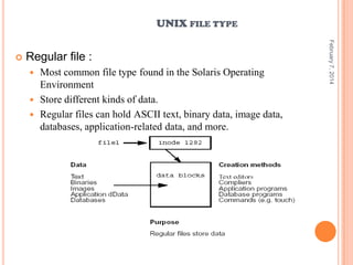 UNIX FILE TYPE

Regular file :
Most common file type found in the Solaris Operating
Environment
 Store different kinds of data.
 Regular files can hold ASCII text, binary data, image data,
databases, application-related data, and more.


February 7, 2014



 
