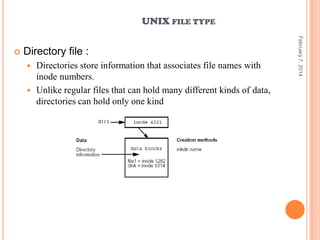 UNIX FILE TYPE

Directory file :
Directories store information that associates file names with
inode numbers.
 Unlike regular files that can hold many different kinds of data,
directories can hold only one kind


February 7, 2014



 